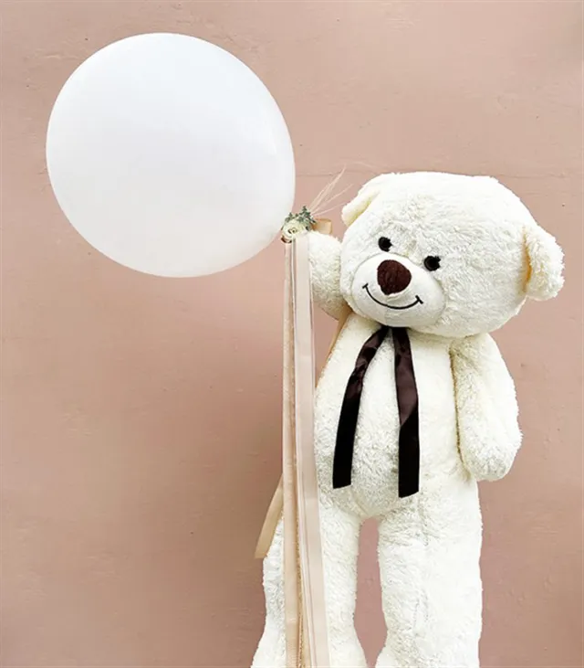 130 cm Krem Ayıcık ve Kurdeleli Süslü Uçan Balon Set — görünüm 3