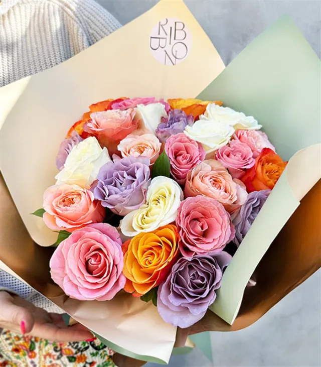 Deluxe Rose Lover Renkli Gül Buketi Lila Somon Pembe Turuncu