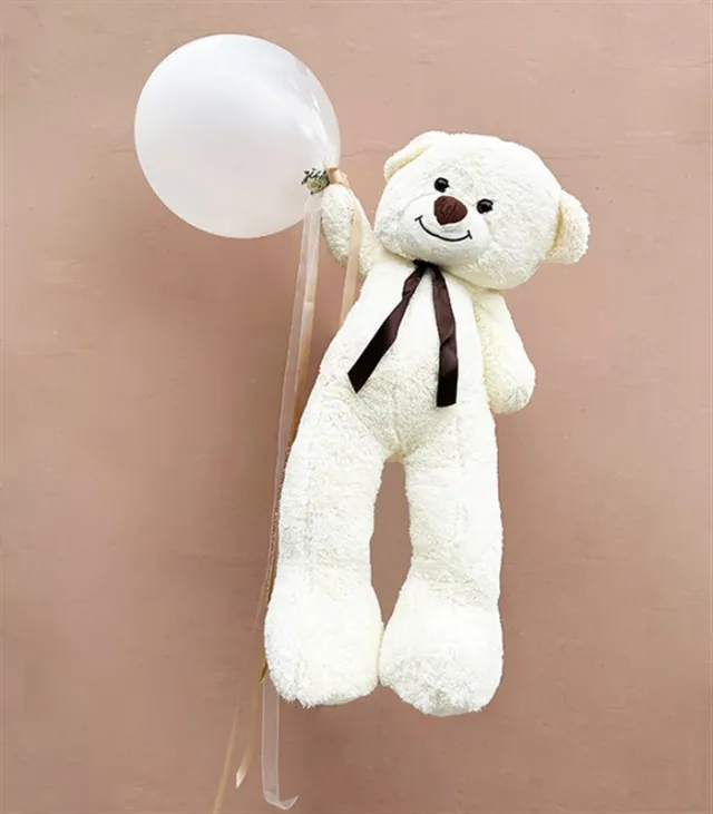 130 cm Krem Ayıcık ve Kurdeleli Süslü Uçan Balon Set